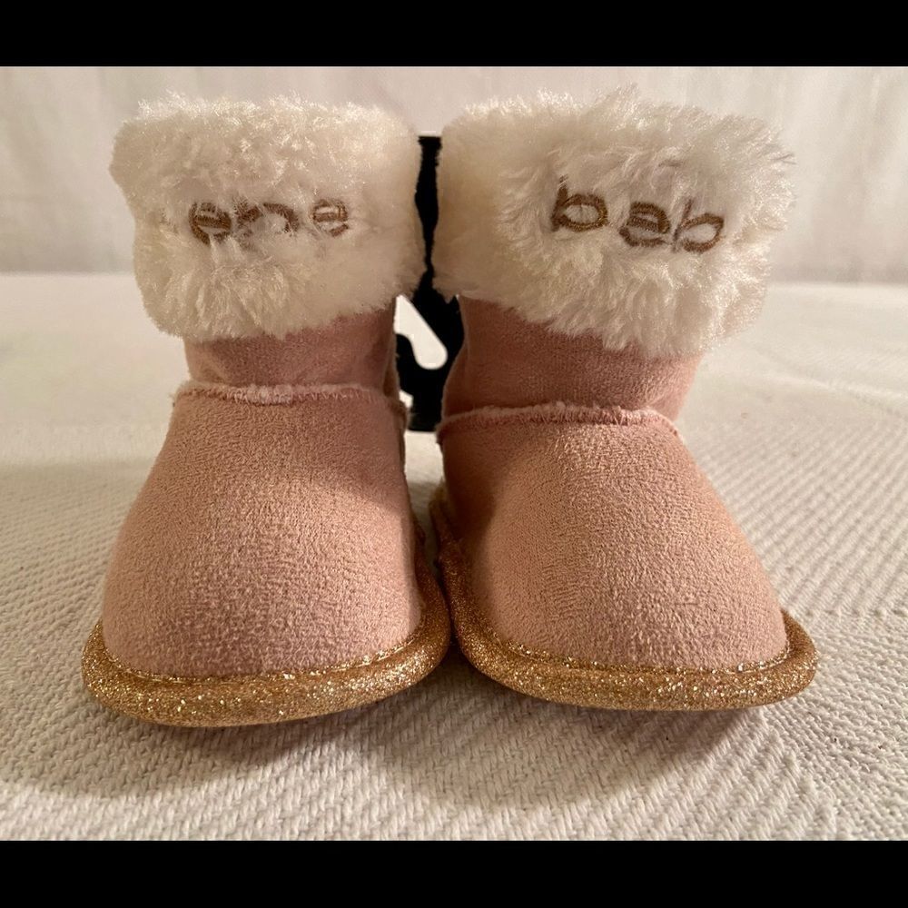 Bebe Baby Pink W/gold Glitter Trim Faux Suede Fur Lined Boots Size 2- NWT